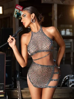 Embellishment|Dresses*Embellishment Corvain Rhinestone Mesh Mini Dress In Black