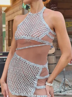 Embellishment|Dresses*Embellishment Corvain Rhinestone Mesh Mini Dress In Silver