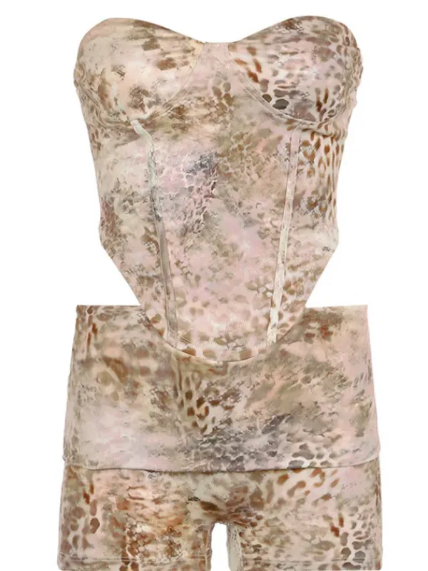 Sets & Co-ords*Mew Mews Fashion Corvilde Strapless Leopard Shorts Set In Khaki