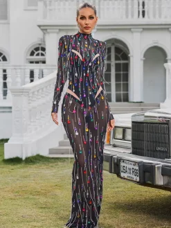 Dresses|Maxi Dresses*W Jia Corvina Fringe Embellished Mesh Maxi Dress