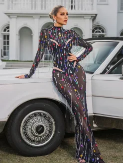 Dresses|Maxi Dresses*W Jia Corvina Fringe Embellished Mesh Maxi Dress