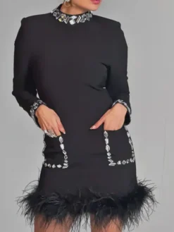 Dresses|Mini Dresses*Mew Mews Fashion Cosma Long Sleeve Rhinestone Feather Mini Dress