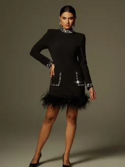 Dresses|Mini Dresses*Mew Mews Fashion Cosma Long Sleeve Rhinestone Feather Mini Dress