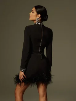 Dresses|Mini Dresses*Mew Mews Fashion Cosma Long Sleeve Rhinestone Feather Mini Dress