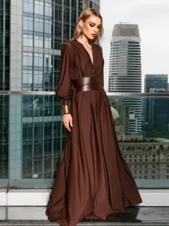 Dresses|Maxi Dresses*Mew Mews Fashion Cosmo V Neck Belted Maxi Dress