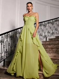 Dresses|Maxi Dresses*Mew Mews Fashion Craven Strapless Ruched Mesh Maxi Dress