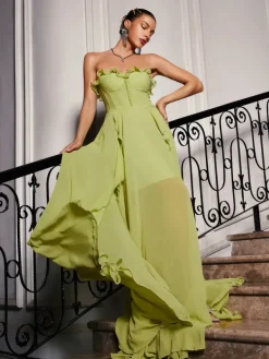 Dresses|Maxi Dresses*Mew Mews Fashion Craven Strapless Ruched Mesh Maxi Dress