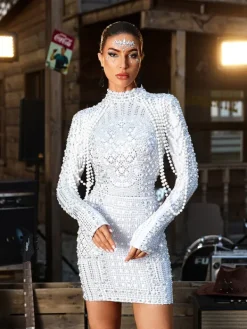 Dresses|Mini Dresses*W Jia Crython Long Sleeve Embellished Mini Dress