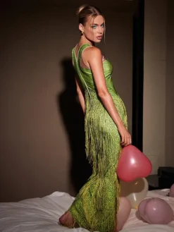 Embellishment|Dresses*Embellishment O/S Cyfel Floral Crystal Fringe Midi Dress In Green