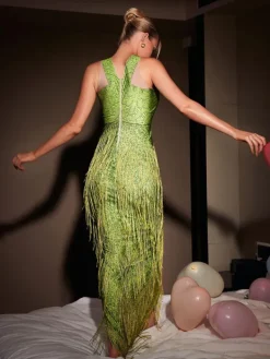 Embellishment|Dresses*Embellishment O/S Cyfel Floral Crystal Fringe Midi Dress In Green