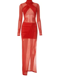 Dresses|Maxi Dresses*Mew Mews Fashion Cypress Draped Split Mesh Maxi Dress In Red