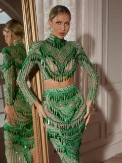 Sets & Co-ords|Embellishment*Embellishment Cythina Long Sleeve Sequin Skirt Set