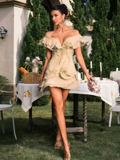 Dresses|Mini Dresses*Mew Mews Fashion Dabney V Neck Ruffle Mini Dress In Champagne