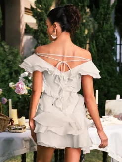 Mini Dresses|Dresses*Mew Mews Fashion Dabney V Neck Ruffle Mini Dress In Apricot