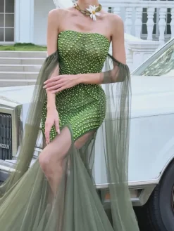 Embellishment|Dresses*Embellishment Daelis Off Shoulder Rhinestone Mesh Maxi Dress