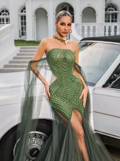 Embellishment|Dresses*Embellishment Daelis Off Shoulder Rhinestone Mesh Maxi Dress