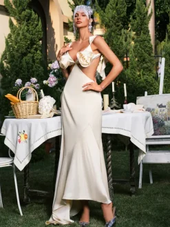 Dresses|Maxi Dresses*Mew Mews Fashion Dagr Backless Flower Cutout Satin Maxi Dress