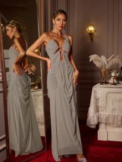 Dresses|Maxi Dresses*Mew Mews Fashion Daiki Halterneck Ruched Maxi Dress In Khaki