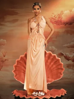 Dresses|Maxi Dresses*Mew Mews Fashion Daiki Halterneck Ruched Maxi Dress In Apricot