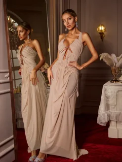 Dresses|Maxi Dresses*Mew Mews Fashion Daiki Halterneck Ruched Maxi Dress In Apricot