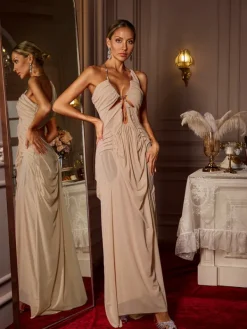 Dresses|Maxi Dresses*Mew Mews Fashion Daiki Halterneck Ruched Maxi Dress In Apricot