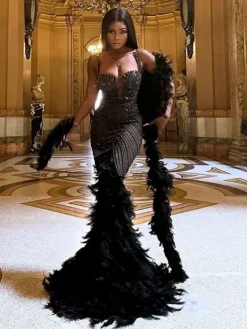 Embellishment|Dresses*Embellishment Daire Rhinestone Feather Mermaid Mesh Dress