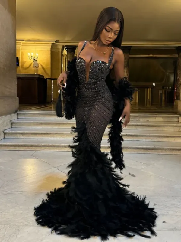 Embellishment|Dresses*Embellishment Daire Rhinestone Feather Mermaid Mesh Dress