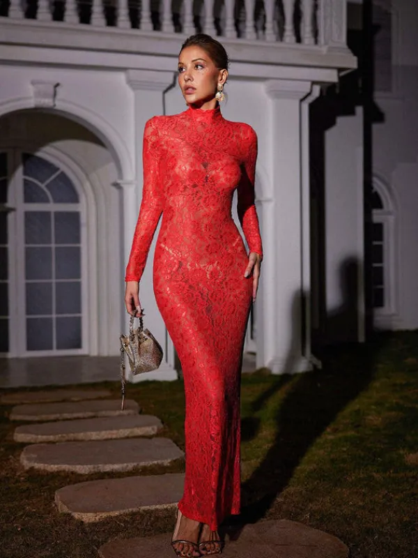 Dresses|Maxi Dresses*Mew Mews Fashion Damien Long Sleeve Lace Maxi Dress In Red