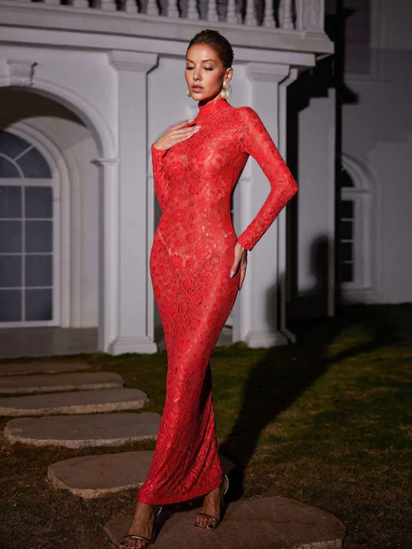 Dresses|Maxi Dresses*Mew Mews Fashion Damien Long Sleeve Lace Maxi Dress In Red