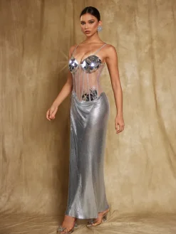 Dresses|Maxi Dresses*Mew Mews Fashion O/S Damla Spaghetti Acrylic Chainmail Split Dress