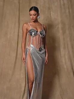 Dresses|Maxi Dresses*Mew Mews Fashion O/S Damla Spaghetti Acrylic Chainmail Split Dress