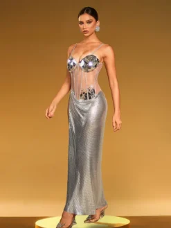 Dresses|Maxi Dresses*Mew Mews Fashion O/S Damla Spaghetti Acrylic Chainmail Split Dress