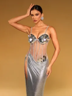 Dresses|Maxi Dresses*Mew Mews Fashion O/S Damla Spaghetti Acrylic Chainmail Split Dress