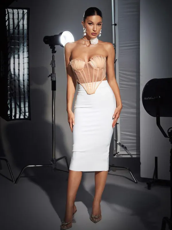 Tops*Mew Mews Fashion Dana Shell Mesh Lace Up Corset Top In Beige