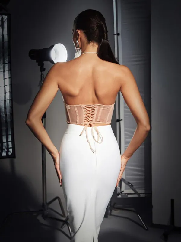 Tops*Mew Mews Fashion Dana Shell Mesh Lace Up Corset Top In Beige