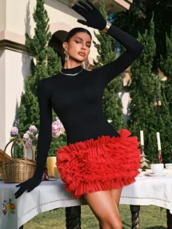 Dresses|Mini Dresses*Mew Mews Fashion Danniell Long Sleeve Ruffle Mesh Mini Dress