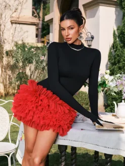 Dresses|Mini Dresses*Mew Mews Fashion Danniell Long Sleeve Ruffle Mesh Mini Dress