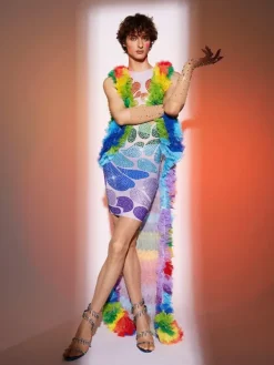 Embellishment|Dresses*Nuo Fansi Danny Rainbow Rhinestone Mesh Dress With Vest