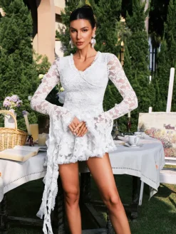 Dresses|Mini Dresses*Mew Mews Fashion Dareh V Neck Flower Lace Draped Mini Dress