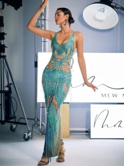 Embellishment|Dresses*Embellishment Darrell Print Crystal Fringe Maxi Dress