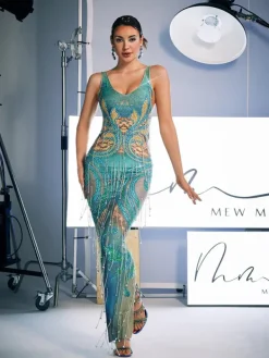 Embellishment|Dresses*Embellishment Darrell Print Crystal Fringe Maxi Dress