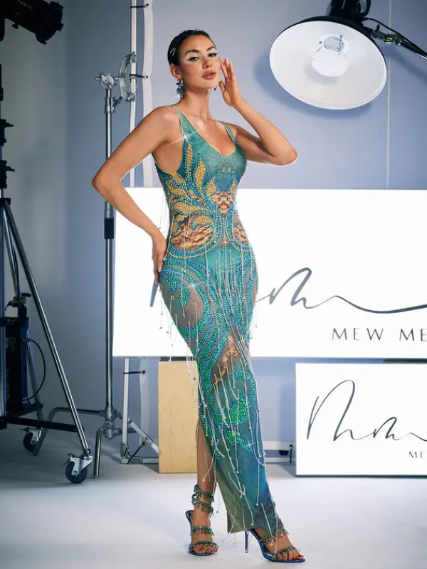 Embellishment|Dresses*Embellishment Darrell Print Crystal Fringe Maxi Dress