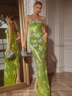 Embellishment|Dresses*Lu Yili Dayshaun Butterfly Rhinestone Sequin Maxi Dress