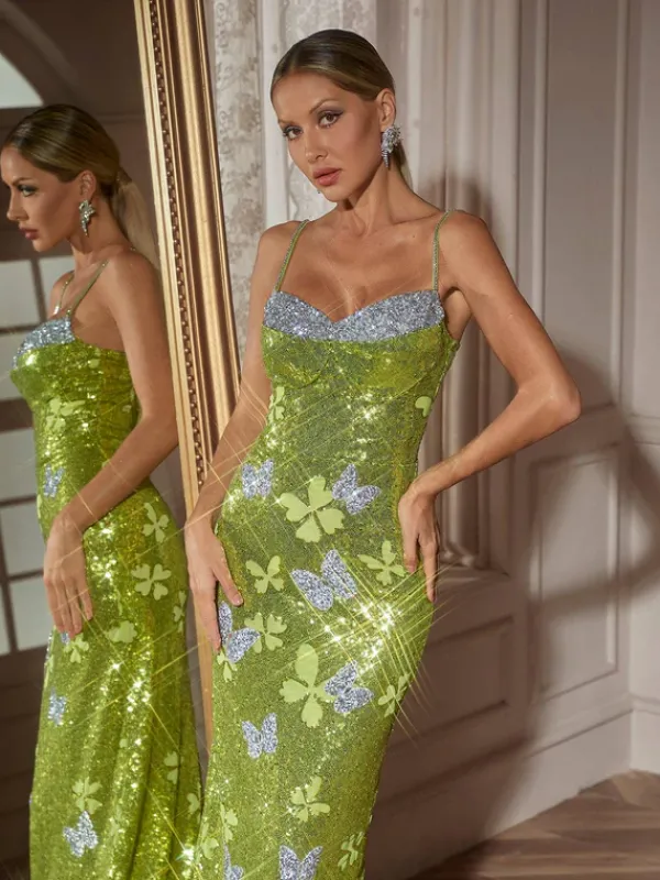 Embellishment|Dresses*Lu Yili Dayshaun Butterfly Rhinestone Sequin Maxi Dress