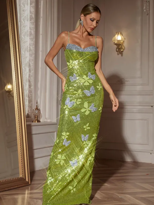 Embellishment|Dresses*Lu Yili Dayshaun Butterfly Rhinestone Sequin Maxi Dress