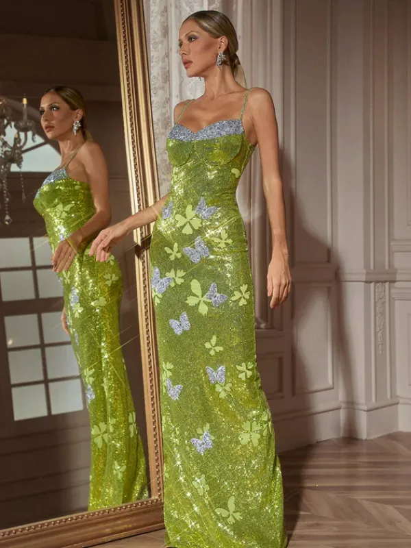 Embellishment|Dresses*Lu Yili Dayshaun Butterfly Rhinestone Sequin Maxi Dress