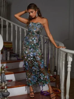 Dresses|Midi Dresses*Mew Mews Fashion Debra Flower Embroidered Sequin Midi Dress