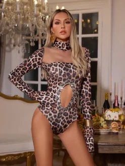 Bodysuits|Tops*Embellishment Delena Long Sleeve Leopard Cutout Bodysuit