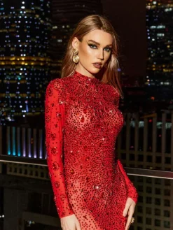Dresses|Maxi Dresses*W Jia O/S Demi Long Sleeve Rhinestone Maxi Dress