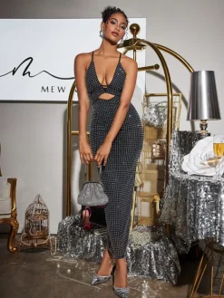 Dresses|Maxi Dresses*Mew Mews Fashion Denali Halterneck Hollow Rhinestone Midi Dress In Black